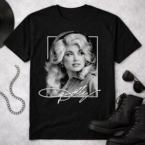 Dolly Parton Vintage Black & White Portrait Signature Graphic Tee Black